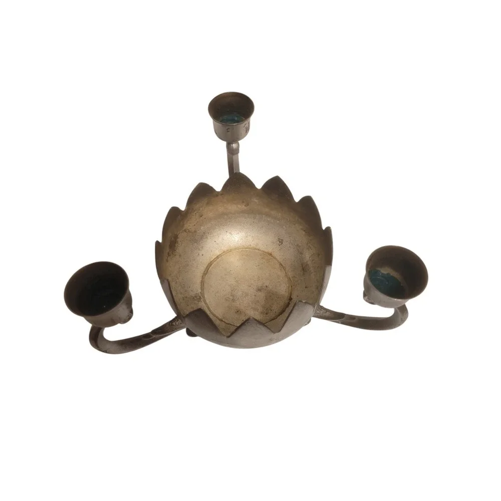 Taper Candle Holder (3)-Arm Lotus Flower Silver‎ Finish